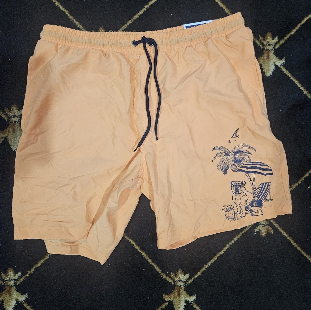 Club Room Men's Lined Orange W Blue Dog Swim Trunks Board Shorts Size Large